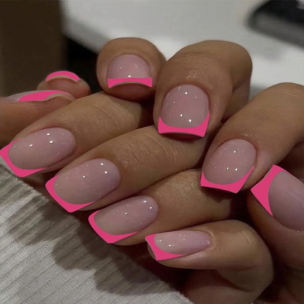 Short Square Press On Nails, French Tip Fake Nails, Full Cover False Nails